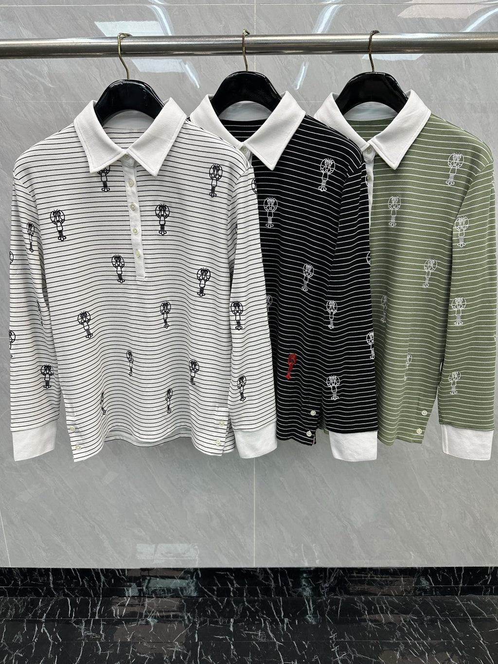 Thom Browne Style Balloon-Embroidered Striped Long-Sleeve Polo