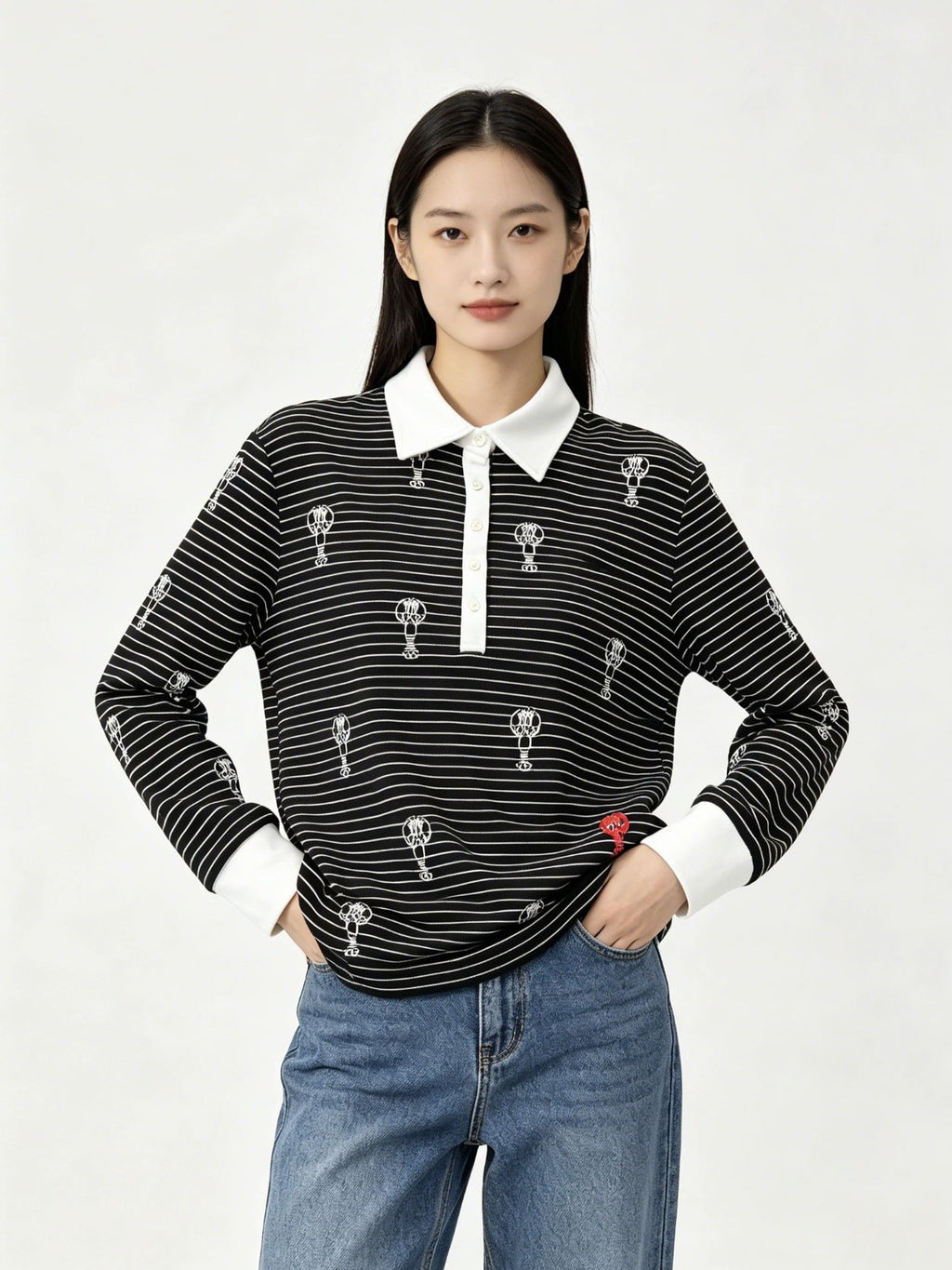 Thom Browne Style Balloon-Embroidered Striped Long-Sleeve Polo