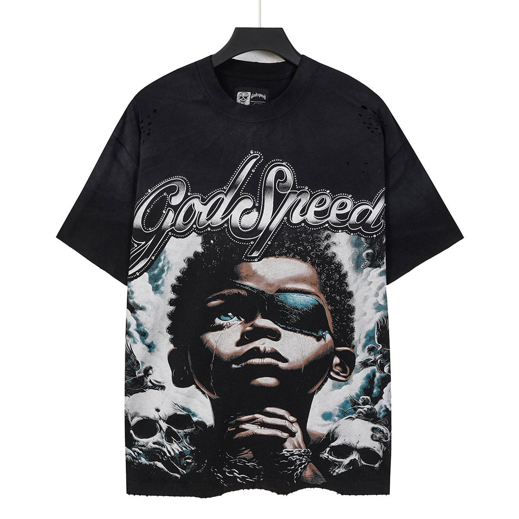 Godspeed Portrait Skull Distressed Short-Sleeve T-Shirt