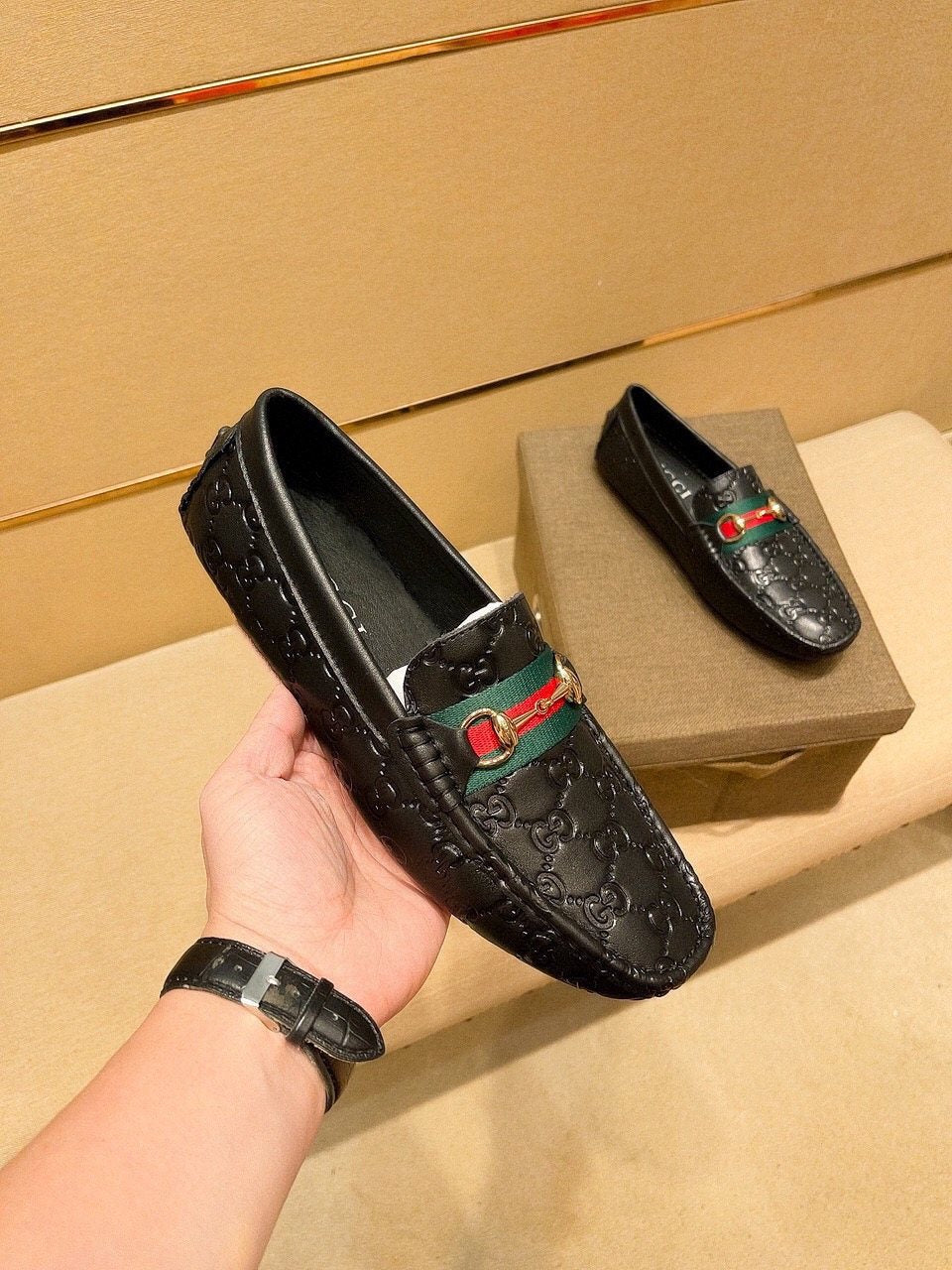 Gucci Embossed Loafers with Green and Red Band