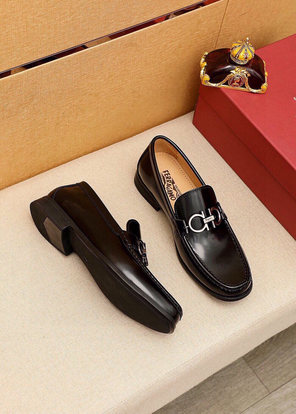 Ferragamo Men's Black Hardware Loafers - Stitched Apron Toe