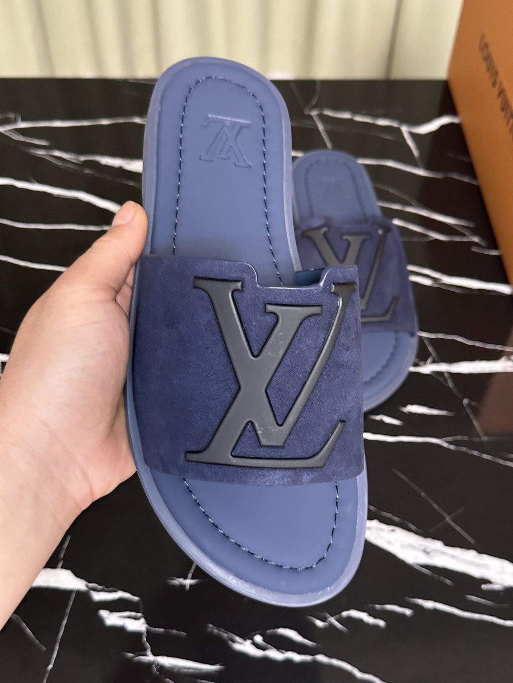 Louis Vuitton Men's Navy Blue Logo Slide Sandals