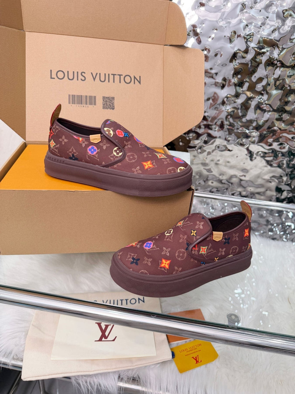 Louis Vuitton Men's Dark Brown Multicolor Motif Slip-On Shoes