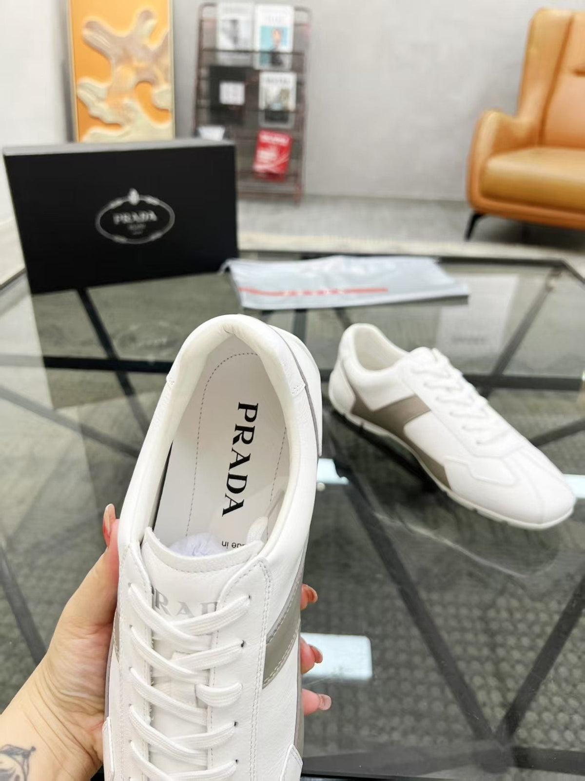Prada Men's White and Taupe Low-Top Sneakers