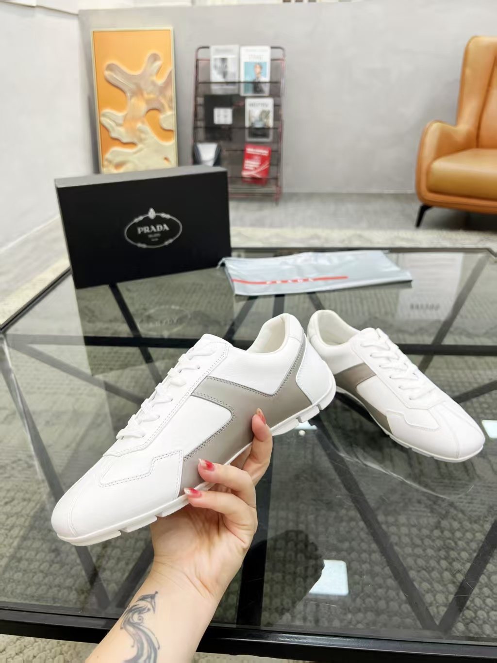 Prada Men's White and Taupe Low-Top Sneakers