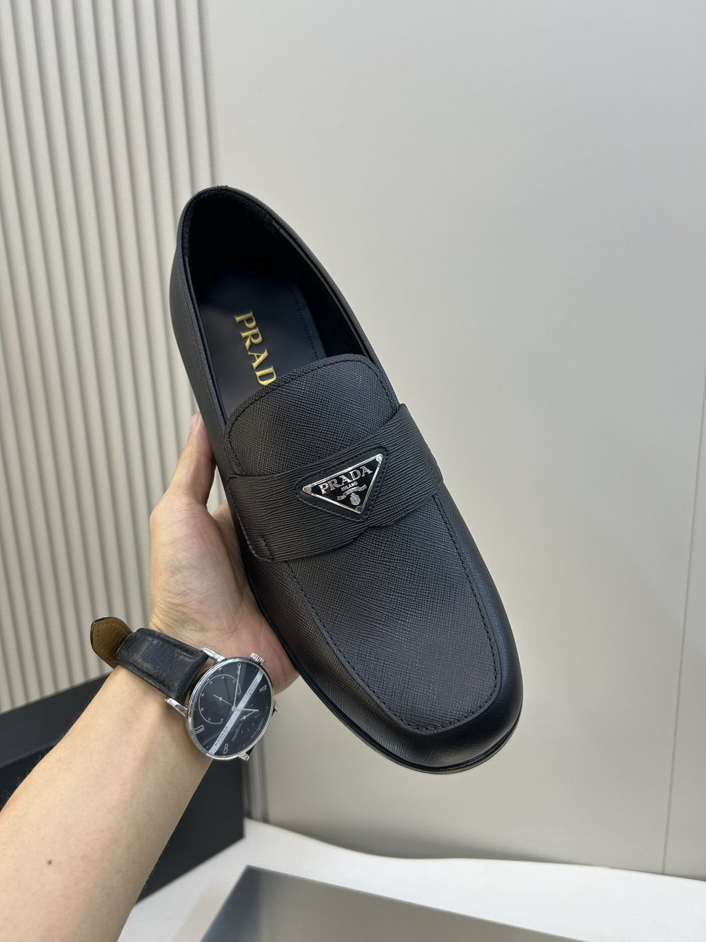 Prada Black Triangular Plaque Loafers