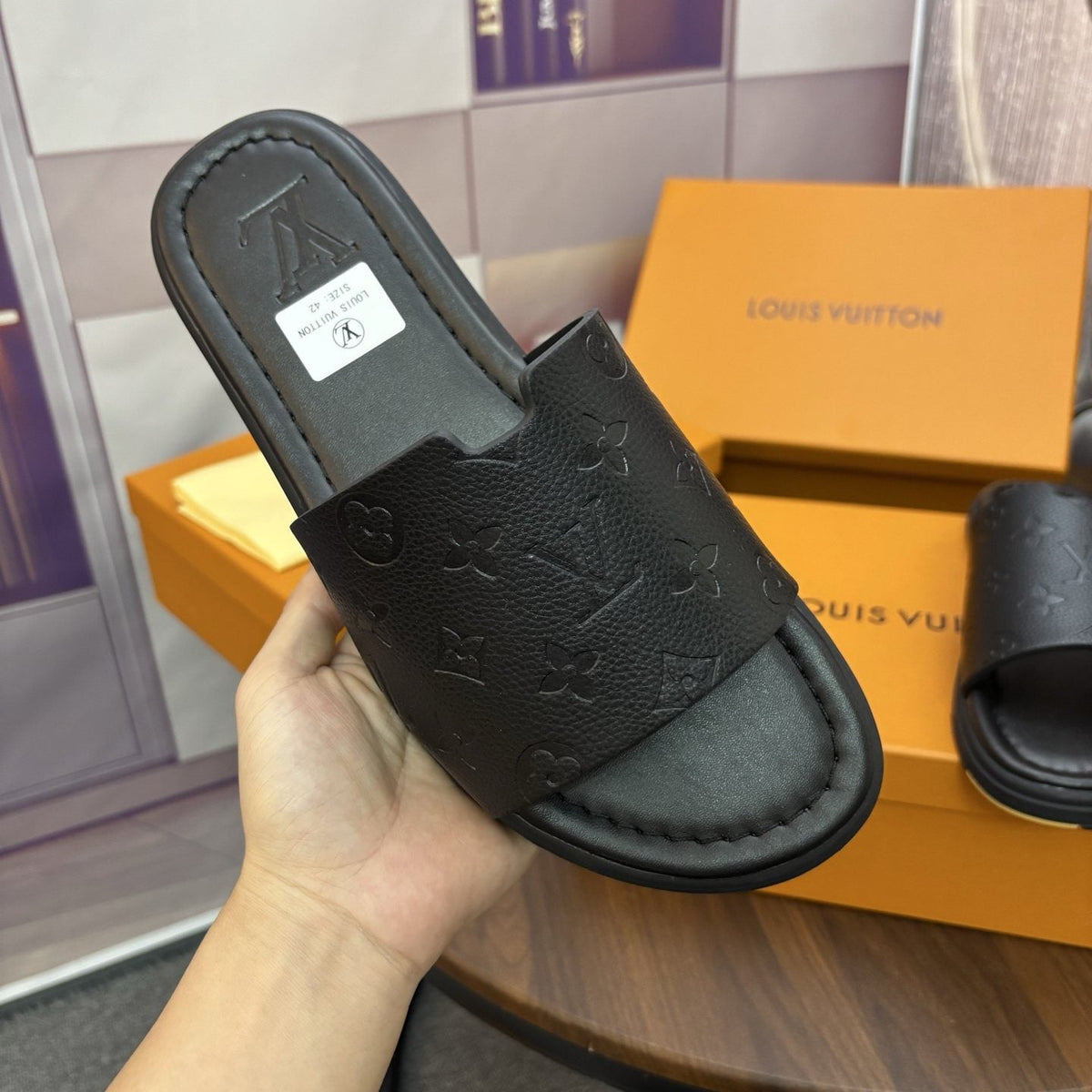 Louis Vuitton Men's Black Embossed Strap Slide Sandals