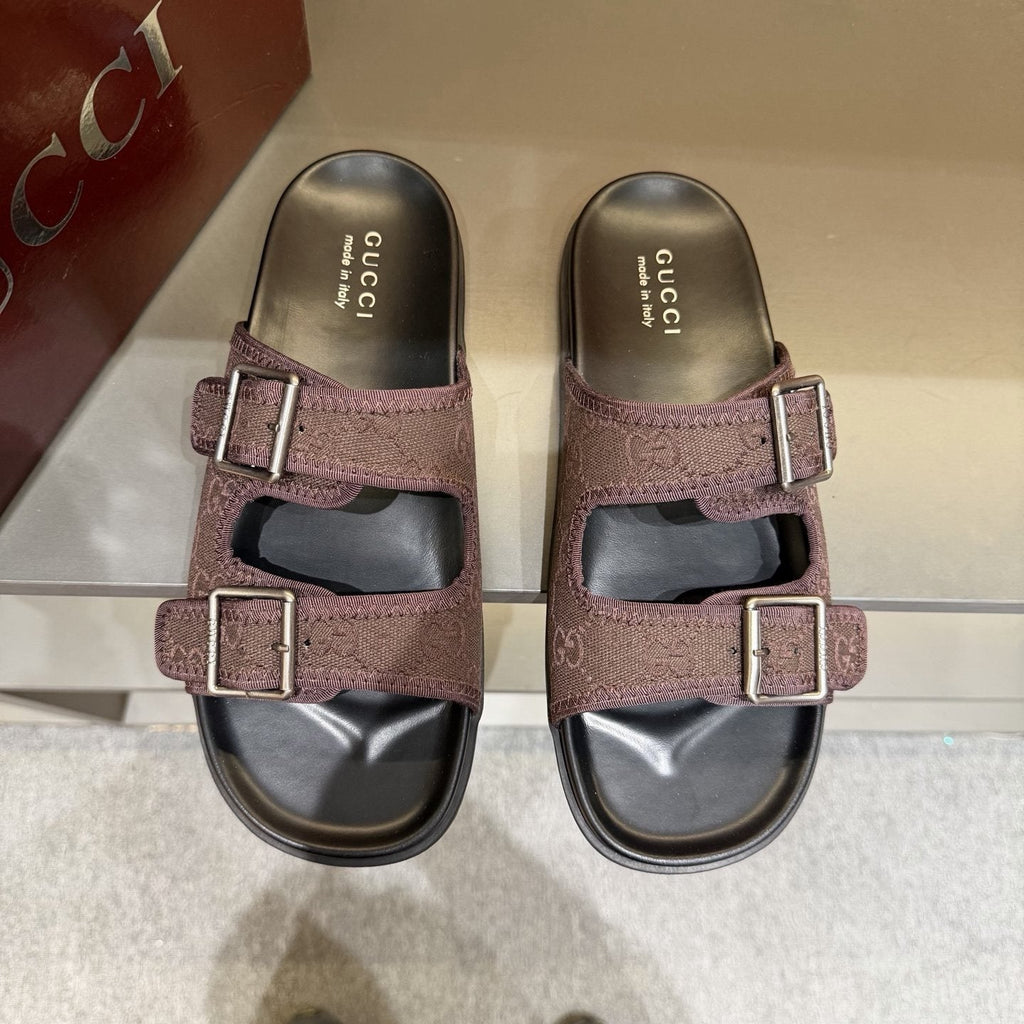 Gucci Men's Double-Buckle Monogram Slide Sandals
