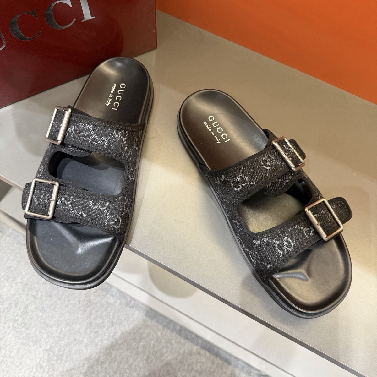 Gucci Men's Double-Buckle Monogram Slide Sandals
