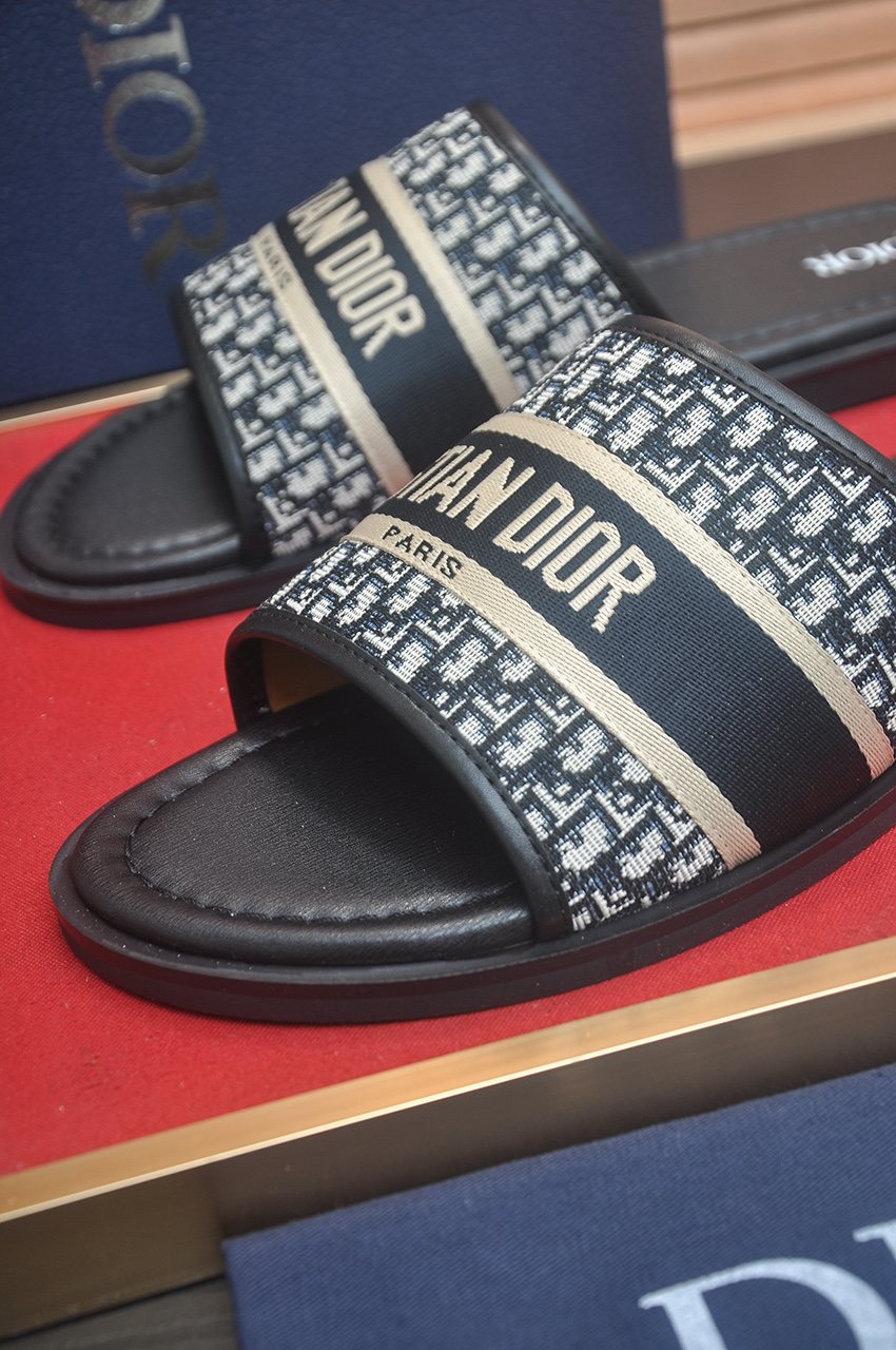 Dior Patterned Strap Slide Sandals - Black, Beige & Gray