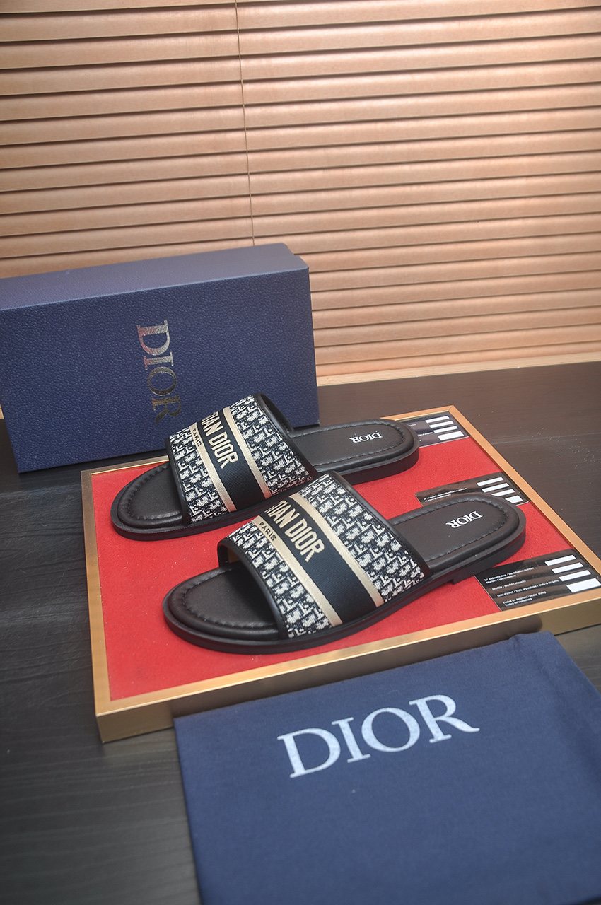 Dior Patterned Strap Slide Sandals - Black, Beige & Gray