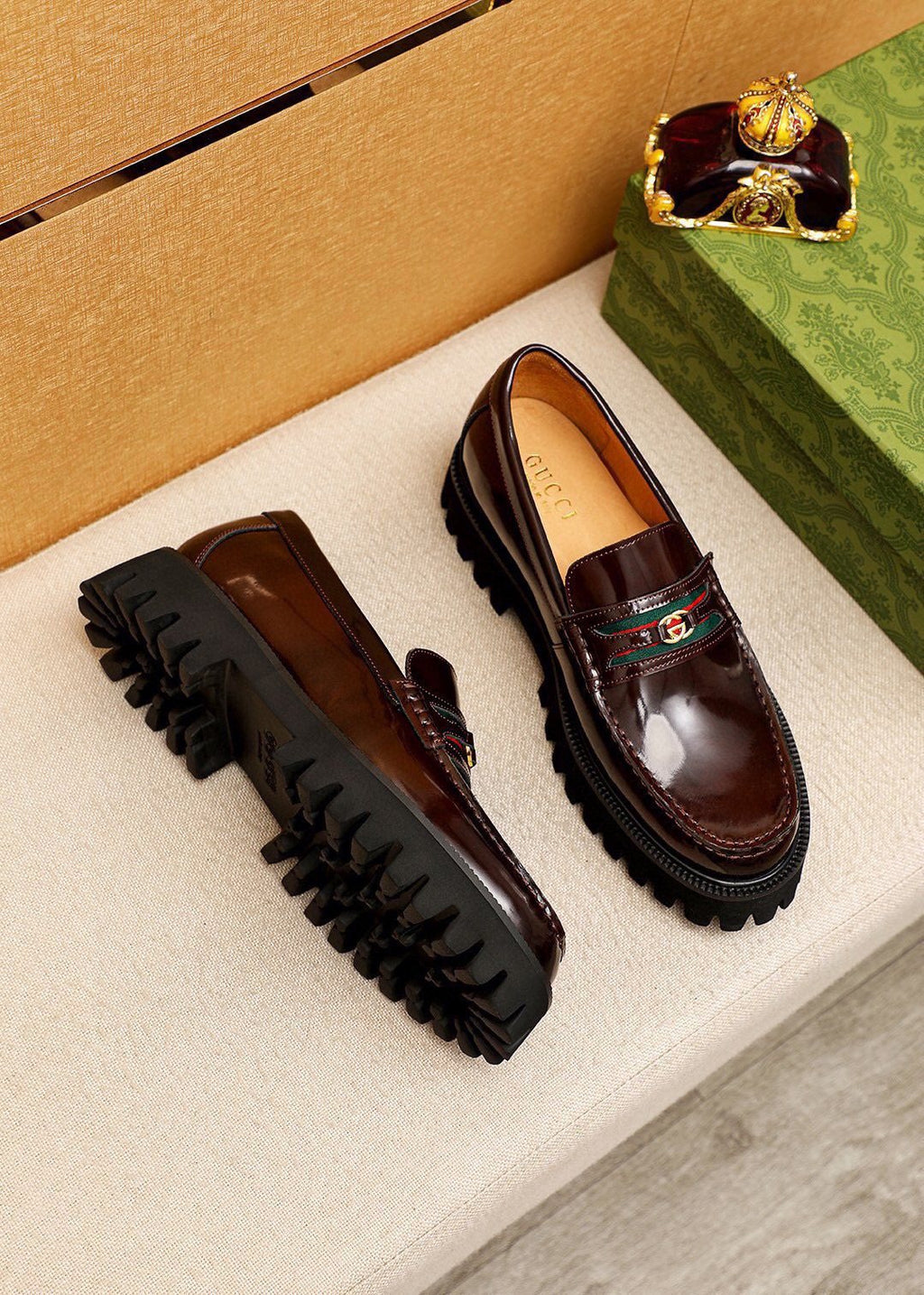 Gucci Striped Vamp Lug Sole Loafers
