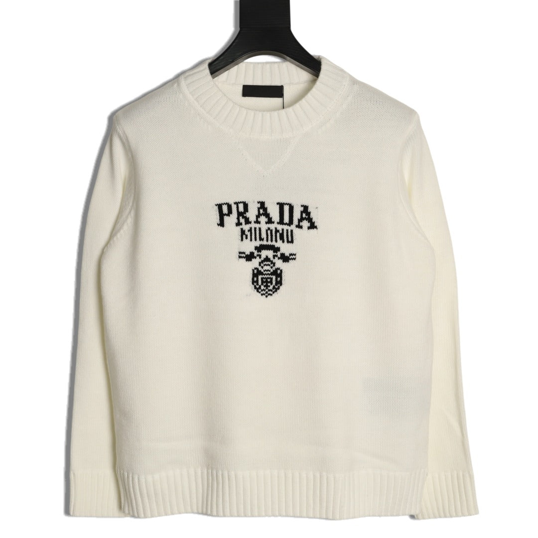 Prada Milano Logo Crewneck Knit Sweater - Cream